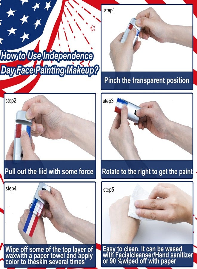Mofuiry 8pcs Red White and Blue Face Paint Stick, Long Lasting Patriotic Body Painting Baseball Eye Black America USA Flag Makeup Stick 4th of July Accessories for Kids Women Men Sports Party Independence Day - Image 4
